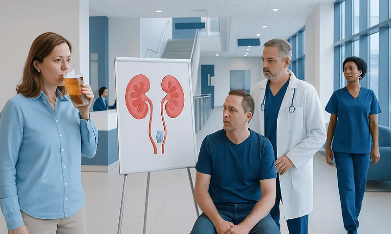 Beer and kidney stones: A Complete Medical Guide for Patients 9 Patient drinking beer during medical consultation about kidney health.