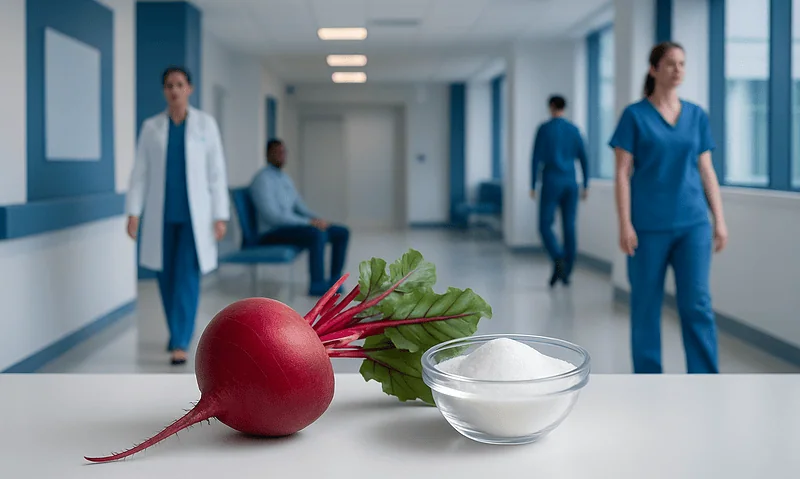 Fresh beetroot with sugar in a hospital corridor for health nutrition.