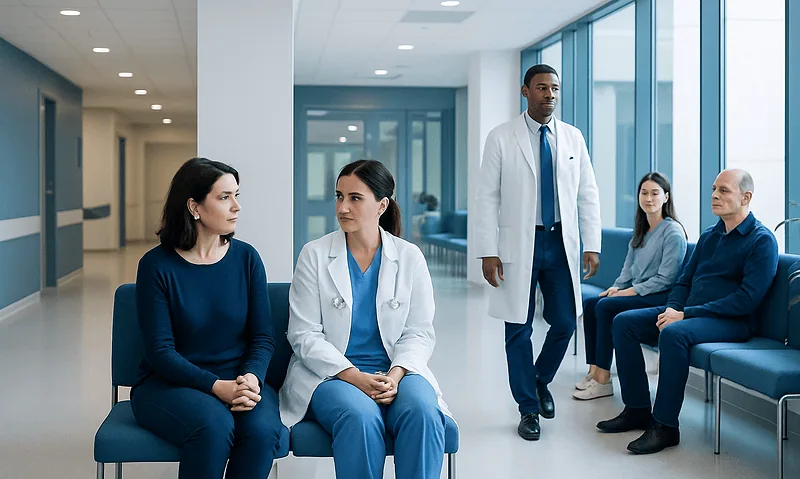 Medical professionals and patients in a hospital waiting area.