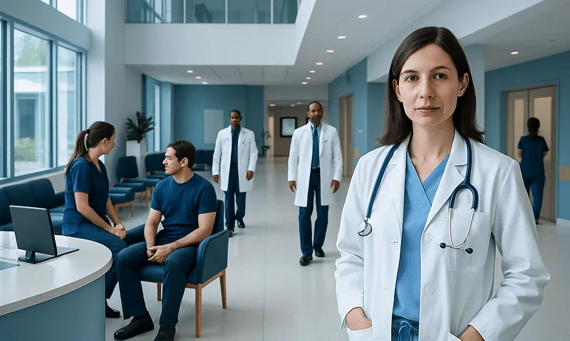 Healthcare professionals and patients in a modern hospital lobby.