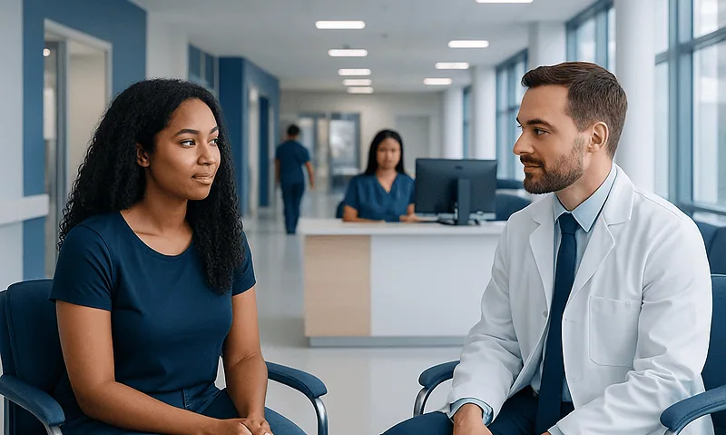 Doctor consulting with a patient in a modern hospital setting.