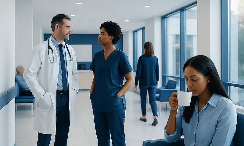 Medical professionals and a patient in a hospital waiting area.
