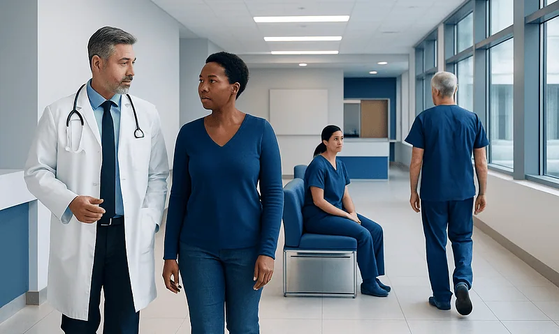 Medical professionals and patients in a hospital corridor.