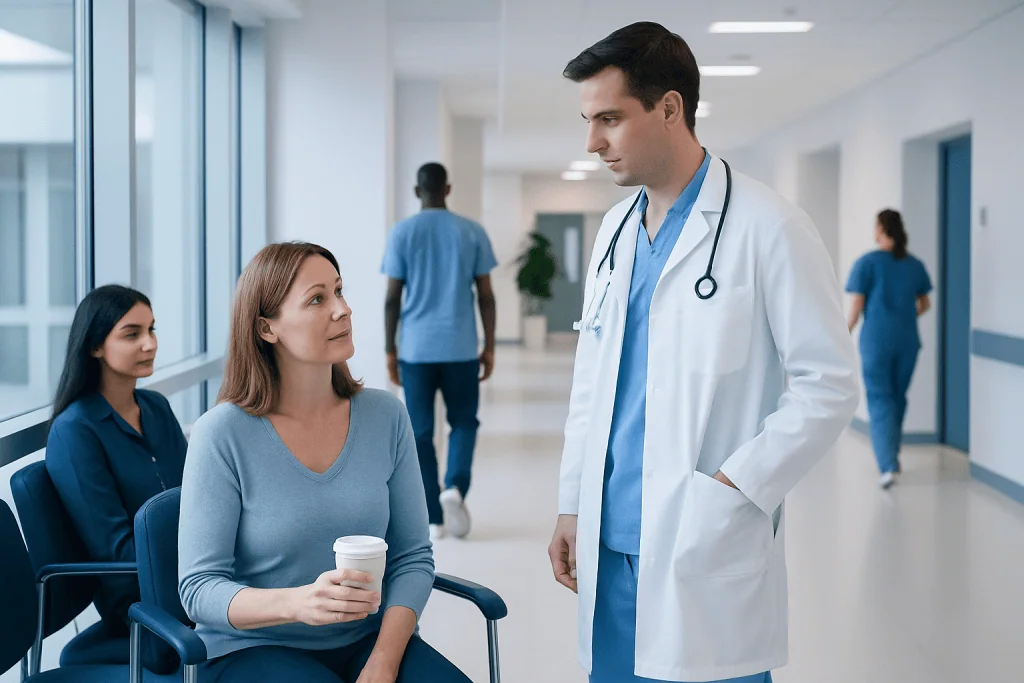 Does Caffeine Raise Blood Pressure? Causes, Explanations, and Next Steps 1 Doctor talking to a patient in a hospital corridor.