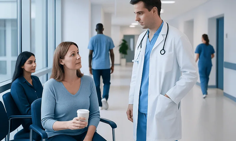 Doctor talking to a patient in a hospital corridor.