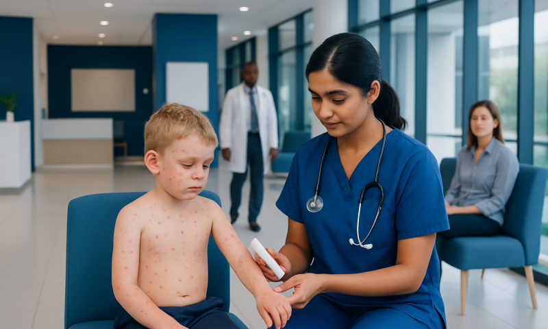 Pediatric nurse applying cream to a child's arm in a hospital waiting area.
