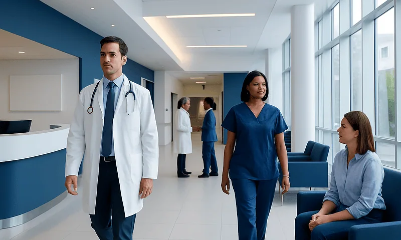 Healthcare professionals and patients in a modern hospital corridor.