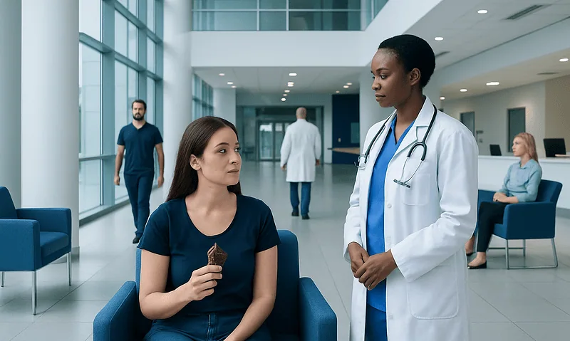 Patient consulting with a doctor in a modern hospital lobby.