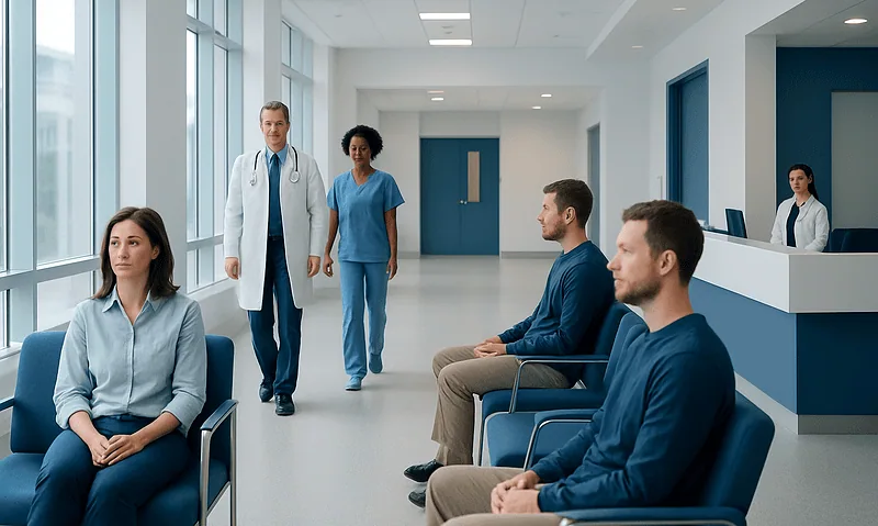 Patients waiting in a hospital corridor with medical staff nearby.