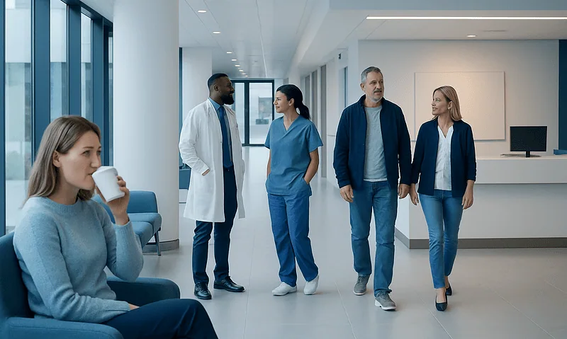 Modern hospital lobby with medical staff and patient in a healthcare setting.
