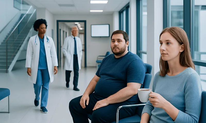 Patients waiting in a hospital corridor with medical staff nearby.