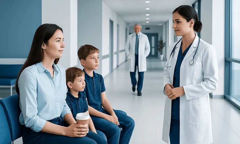 Doctor talking to children in hospital corridor with parent.