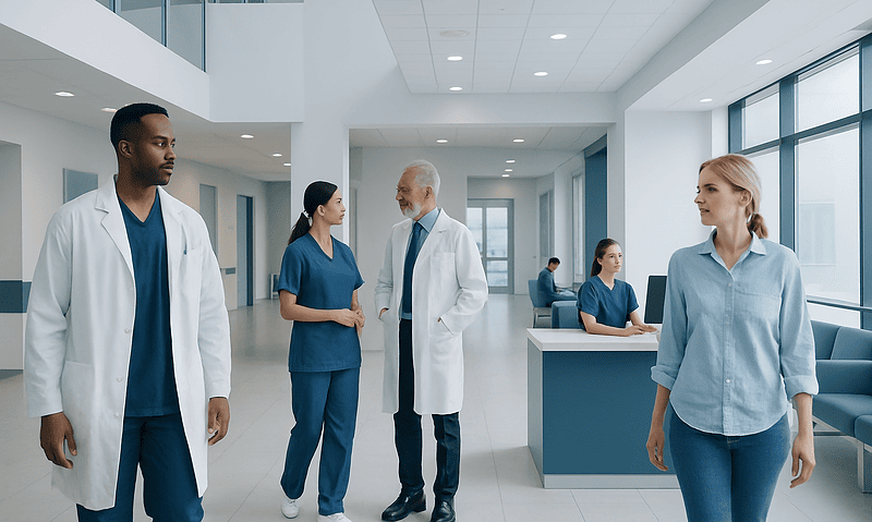 Medical team discussing patient care in hospital corridor.