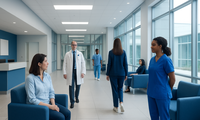 Hospital corridor with medical staff and patients in a modern facility.