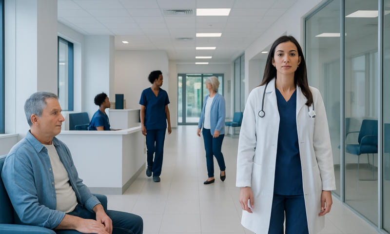 Healthcare professionals and patients in a modern hospital corridor.