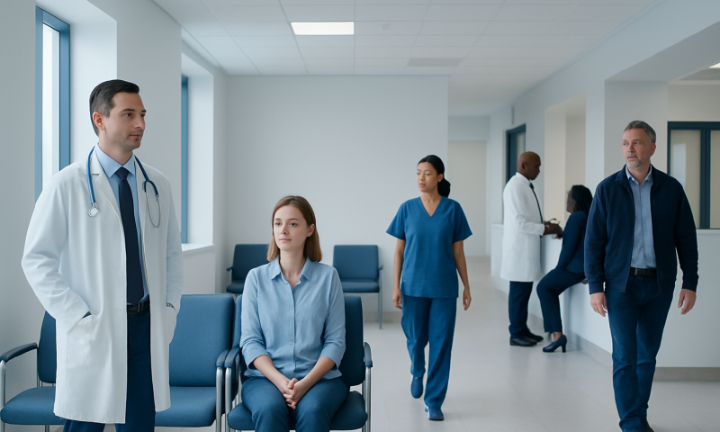 Medical team and patient in a hospital corridor at Acibadem Hospitals Group.
