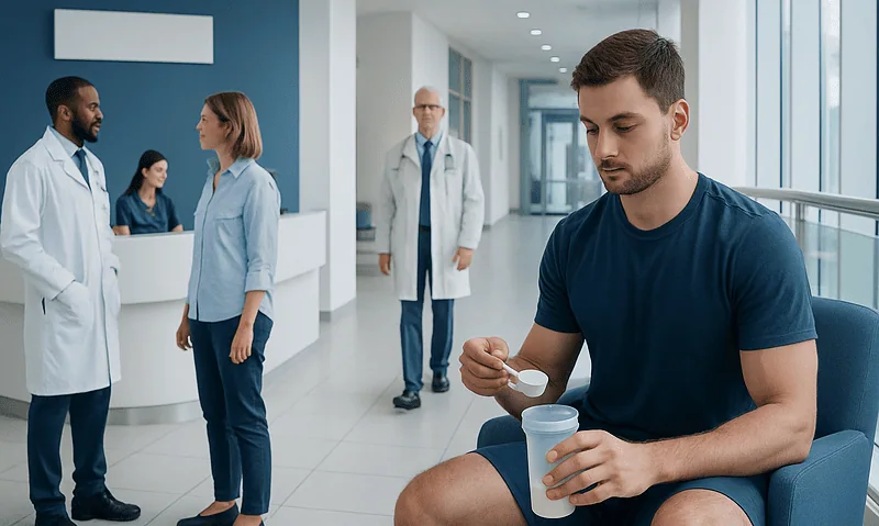 Young man taking medication in a hospital waiting area with medical staff nearby.
