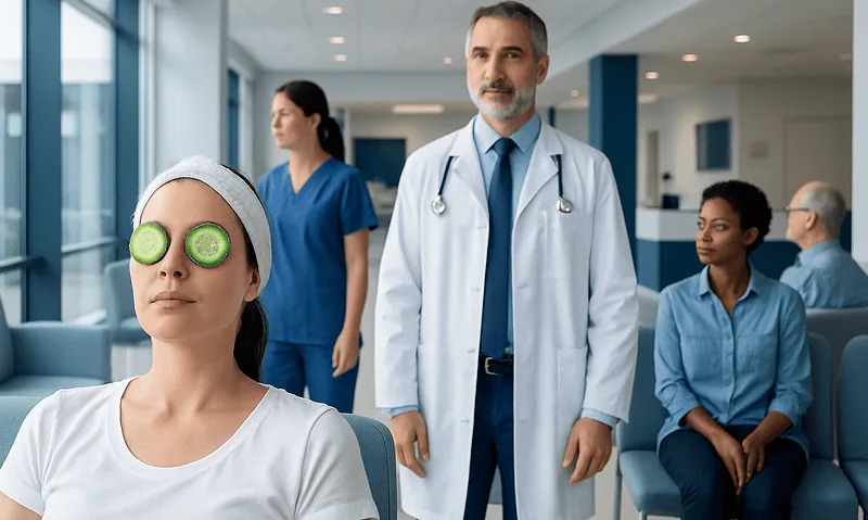 Patient with cucumber slices on eyes during a medical consultation at Acibadem Hospital.