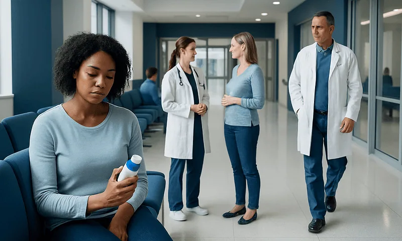 Patient holding medication in hospital corridor with medical staff nearby.
