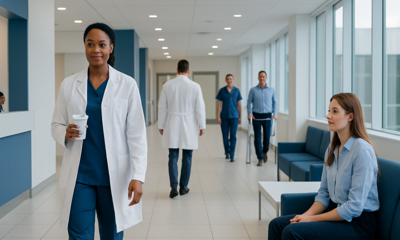 Healthcare professionals in a hospital corridor with patient seating area.