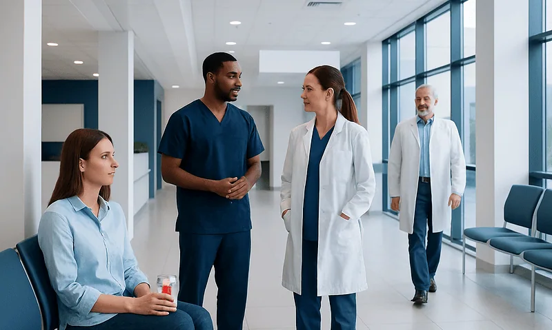 Medical team discussing patient care in hospital corridor.