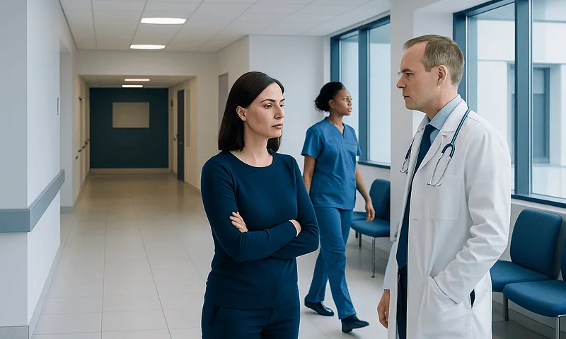 Doctor consulting female patient in hospital corridor.