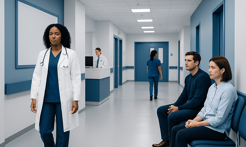 Medical professionals and patients in a hospital corridor at Acibadem Hospitals Group.