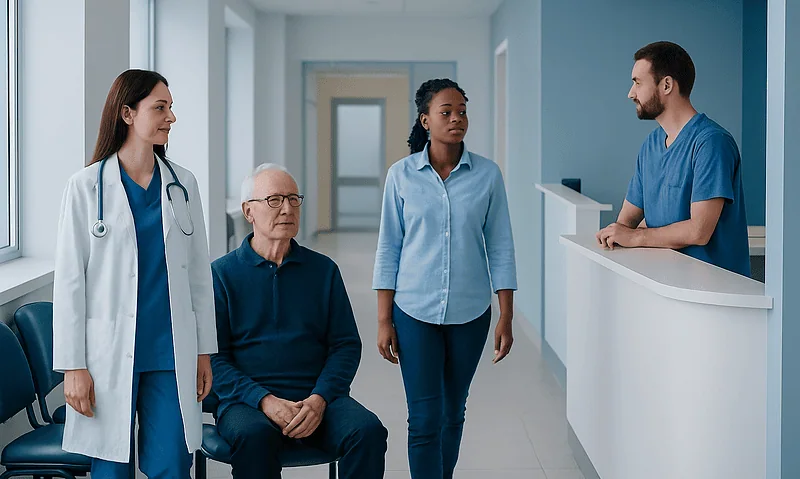 Medical team consulting with patient in hospital corridor.