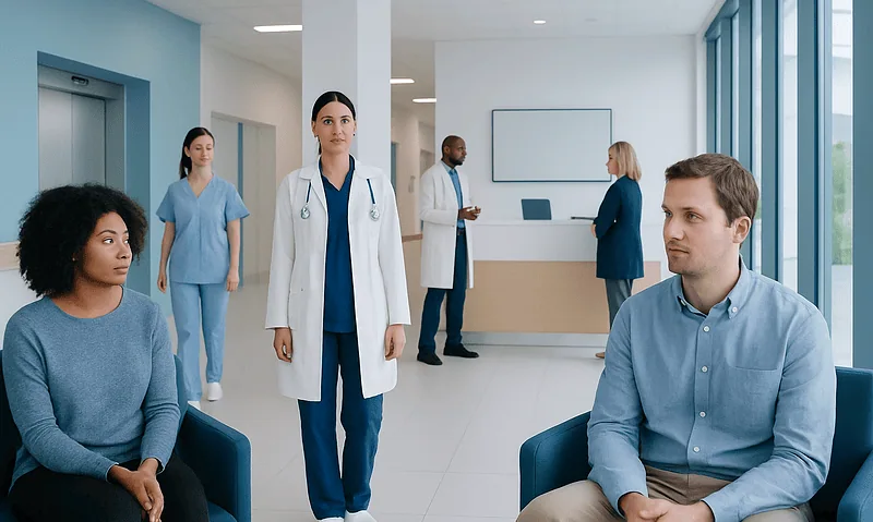 Patients waiting in a hospital corridor with medical staff nearby.