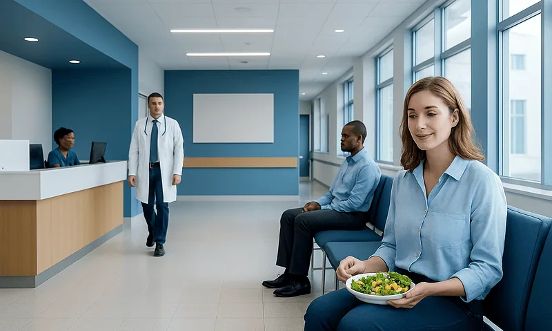 Patients waiting in a modern hospital corridor with medical staff nearby.