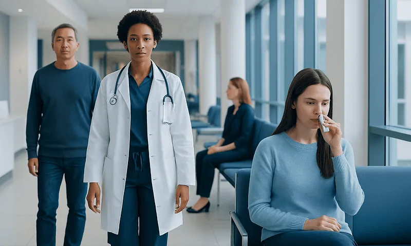 Healthcare professionals and patient in a hospital corridor.