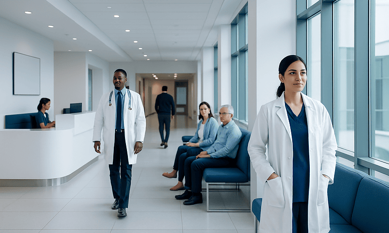 Medical professionals in a modern hospital corridor with patients waiting.