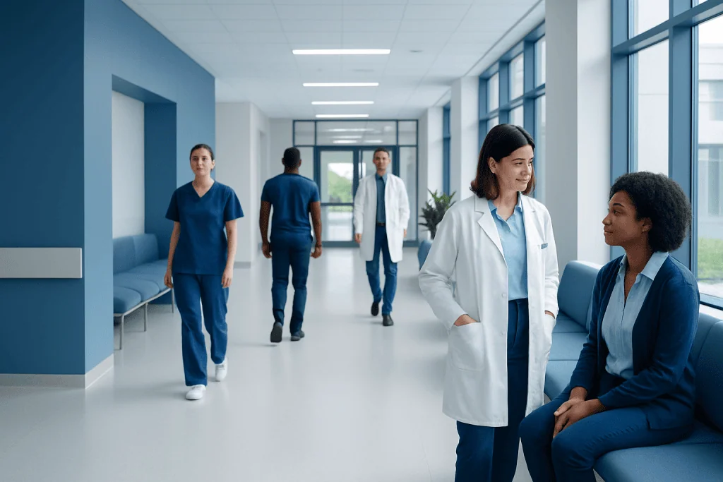 Green Poop Cancer: Diagnosis, Outlook, and Modern Treatment Approaches 1 Healthcare professionals in a modern hospital corridor engaging with patients.