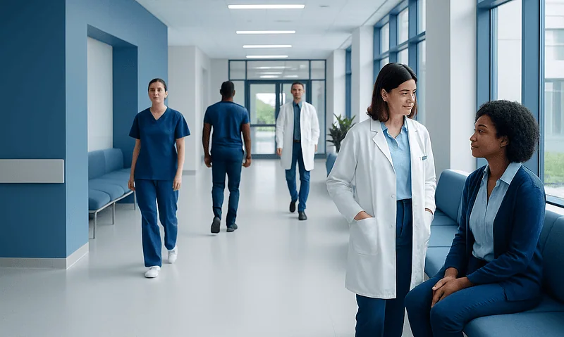 Healthcare professionals in a modern hospital corridor engaging with patients.