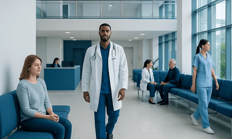 Healthcare professionals and patients in a modern hospital waiting area.