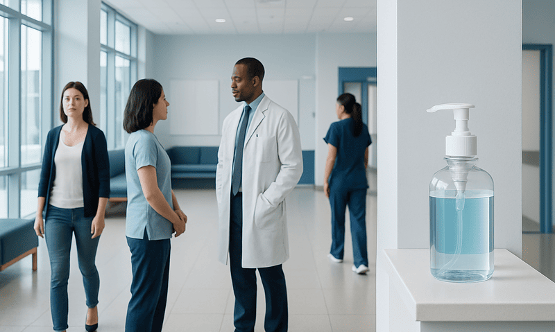 Healthcare professionals and patients in a hospital corridor with hand sanitizer.