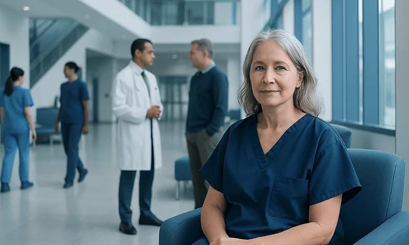 Experienced female healthcare professional in a hospital setting.