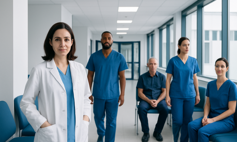 Medical team in hospital corridor with doctor and nurses in blue scrubs.