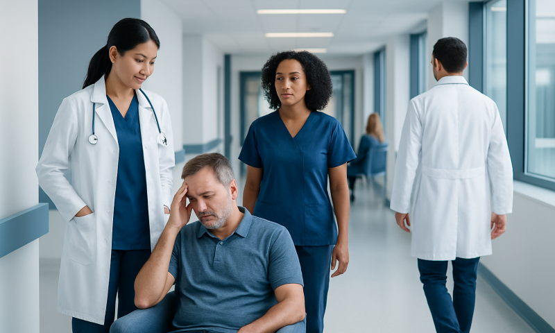 Does High Blood Cause Dizziness? Causes, Explanations, and Next Steps 5 Medical team assisting a patient in hospital corridor.