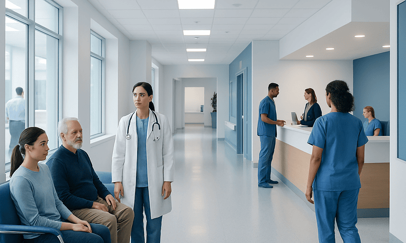 Hospital waiting area with medical staff and patients at Acibadem Hospitals Group.