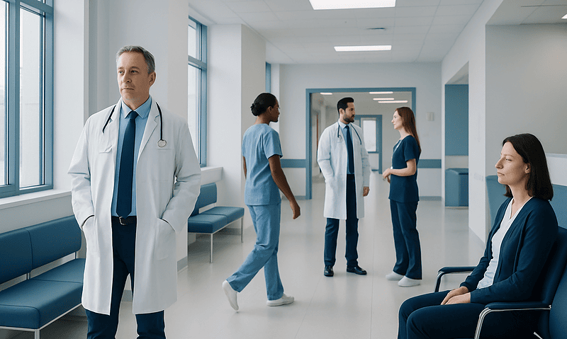 Medical professionals in a hospital corridor with a doctor and patients.