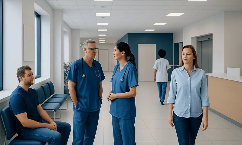 Medical staff discussing patient care in hospital corridor.
