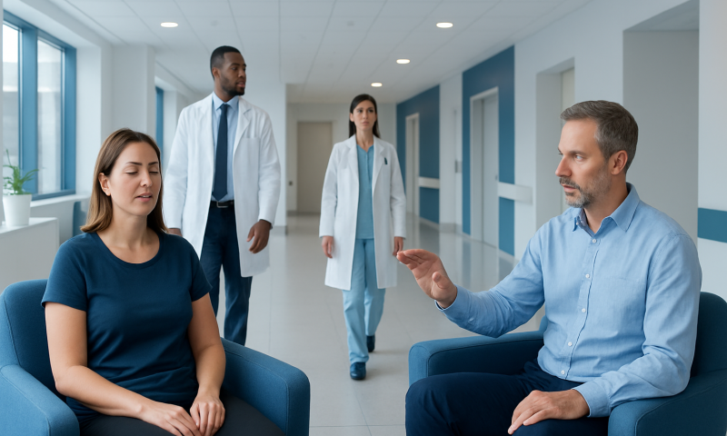 Doctor discussing weight loss hypnosis with patient in hospital corridor.
