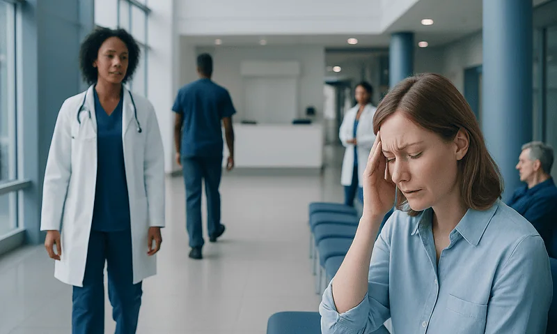 Patient with headache in hospital waiting area with medical staff nearby.