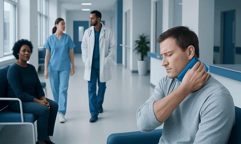 Patient with neck pain in hospital waiting area with medical staff nearby.