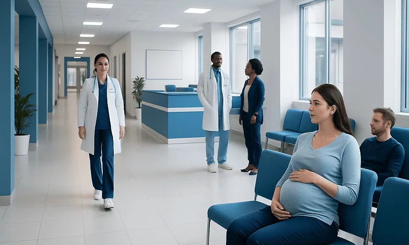 Pregnant woman waiting in hospital corridor at Acibadem Hospitals Group.