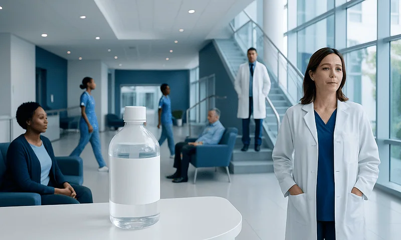 Healthcare professionals and patients in a modern hospital lobby with hand sanitizer.