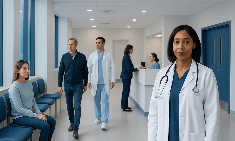 Healthcare professionals and patients in a modern hospital corridor.