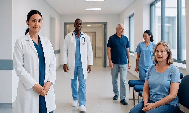 Medical team with patient in hospital corridor at Acibadem Hospitals Group.