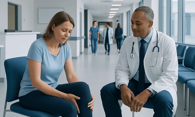 Doctor consulting a patient about leg cramps in a hospital corridor.